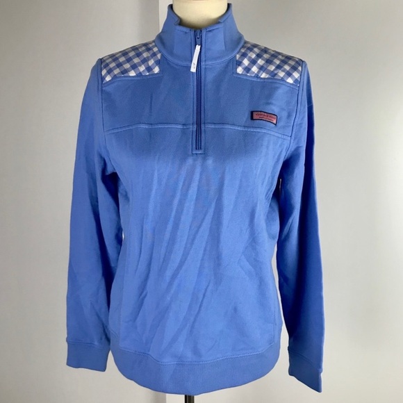 Vineyard vines periwinkle gingham quarter zip French terry pullover M - Picture 1 of 11